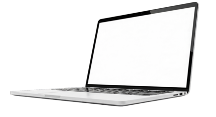 Angled View of Laptop with Blank White Screen on Black Background isolated on a transparent background