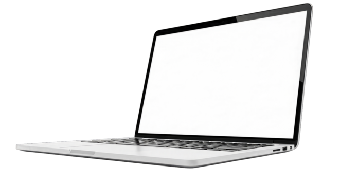 Angled View of Laptop with Blank White Screen on Black Background isolated on a transparent background