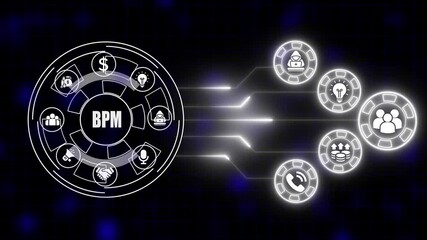 Business process management B P M workflow optimization icons with money lightbulb people handshake megaphone microphone hacker on digital grid background with glowing lines - Powered by Adobe