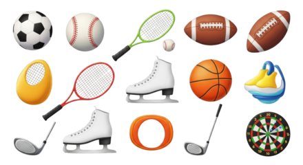 Sports equipment collection diverse objects isolated on a transparent background soccer baseball