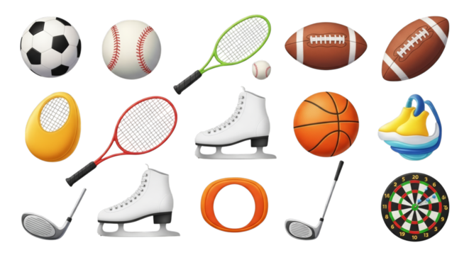 Sports equipment collection diverse objects isolated on a transparent background soccer baseball