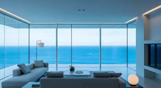 Modern living room with panoramic ocean view and comfortable seating