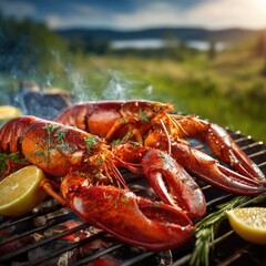 Grilled lobsters on a barbecue,  with lemon and herbs, outdoors in a scenic landscape