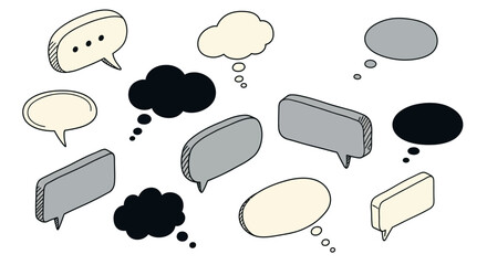 Hand drawn speech and thought bubbles in black and white