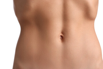 Woman with flat belly on white background, closeup
