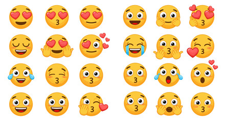 Diverse emoji expressions set with heart eyes and kissing faces
