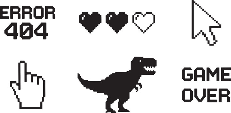 Pixel Art Vector Icons – 404 Error, Game Over, Dinosaur, Hearts, Cursor and Hand Pointer Set.
