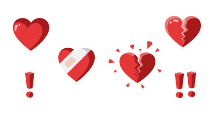 Set of red hearts illustrating love and heartbreak in a flat cartoon style