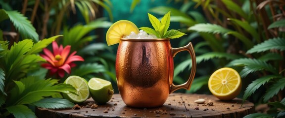 Moscow Mule immersed in a setting of tropical colors, vibrant greenery, and the touch of refreshing cocktails