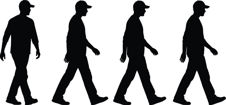Black silhouette sequence of man walking in four stages, wearing cap and casual clothes, human gait cycle, motion illustration isolated