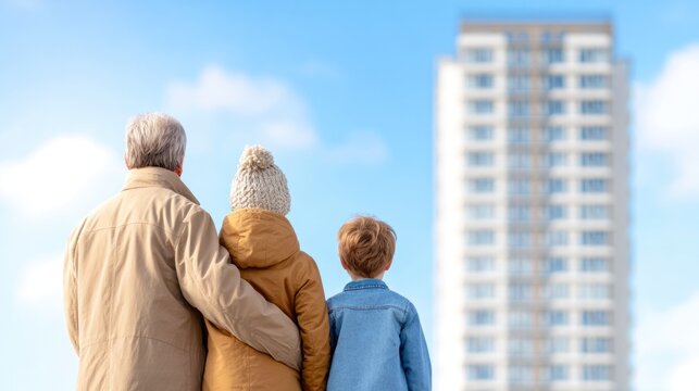 Grandparents with child looking at new apartment building