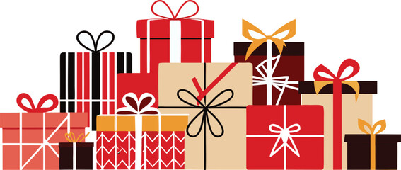 Stack of festive christmas presents wrapped in red and tan paper