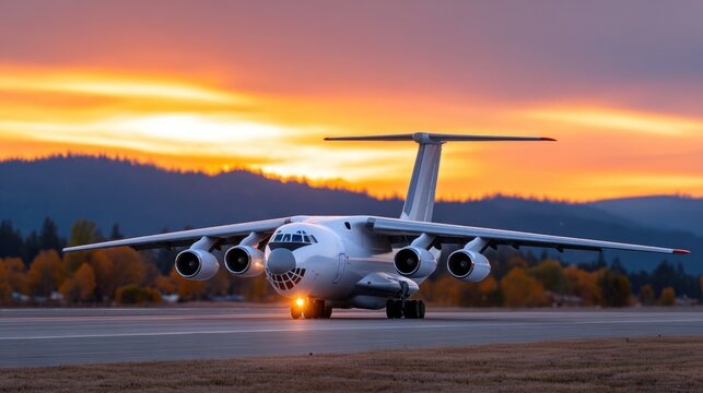 Cargo aircraft on runway during sunset with mountains in background