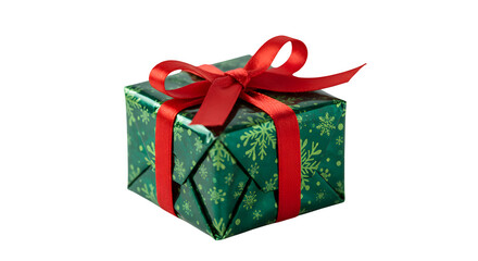 Green snowflake gift box with red ribbon sits against a black backdrop. Excellent for festive posters, card designs, and product promotion.