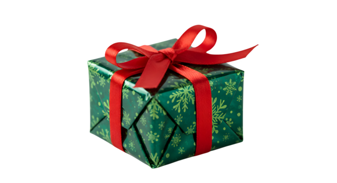 Green snowflake gift box with red ribbon sits against a black backdrop. Excellent for festive posters, card designs, and product promotion. - Powered by Adobe