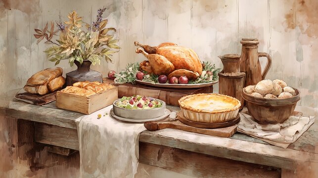 Rustic Farmhouse Thanksgiving Dinner Table Illustration