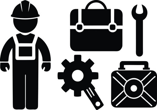 Factory worker tools and gear vector icon set for industrial and manufacturing projects