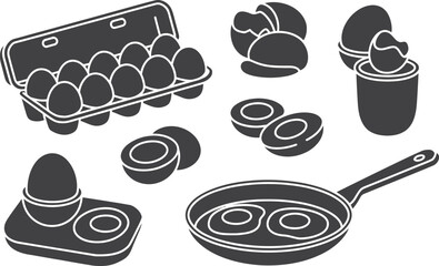Collection of stylized eggs and cooking utensils in a minimalist design