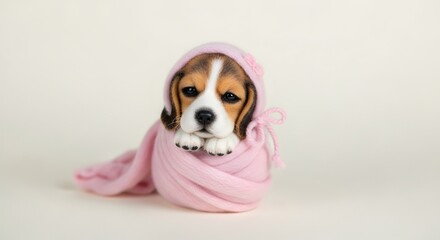 Sweet beagle puppy wrapped in pink blanket with hood and bow detail, sitting on neutral background, symbol of tenderness, innocence, pet care, cuteness, and cozy domestic lifestyle