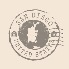Stamp Postal of San Diego is city of USA. Map Silhouette rubber Seal.  Design Retro Travel. Seal  Map of San Diego grunge  for your design. United States. EPS10