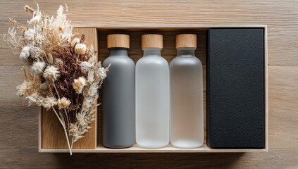 Wooden box holds three bottles and a black object.  Dried flowers beside