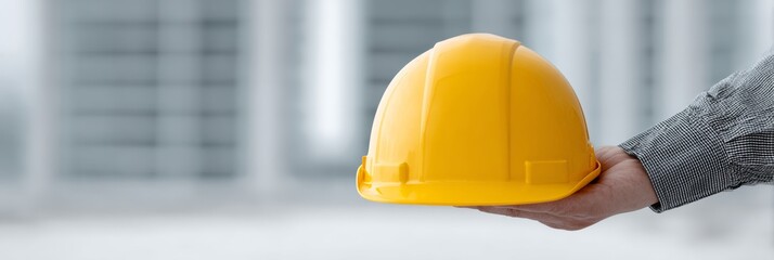 Close-up of a yellow construction helmet being held by a person's hand in front of a blurred backdrop.
