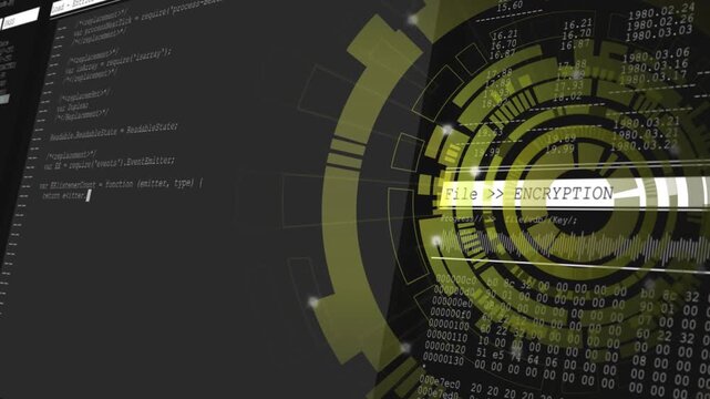 Encryption interface appearing sparking code scrolling, hex streaming, rotating showing encryption
