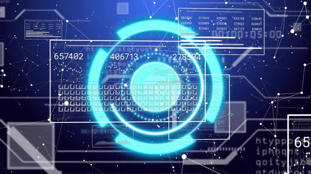 On start teal circle appearing on blue backdrop, rings splitting and rotating, data panels updating
