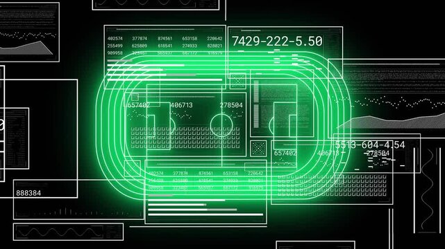 Black void starting wireframes then neon loop forming while numeric values updating monitoring data