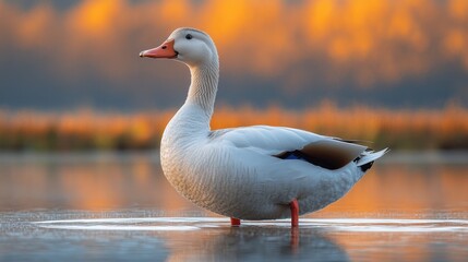 Fototapeta premium Sunrise Goose on Frozen Lake
