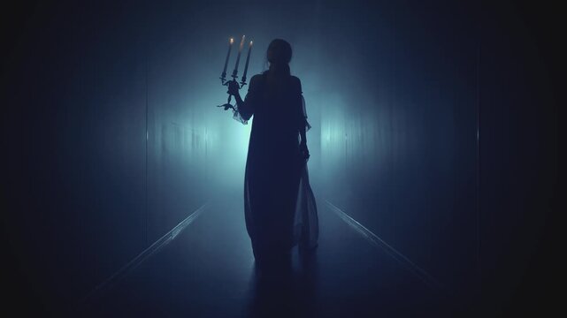 dark silhouette woman walking along black corridor got lost lady holding candlestick in hands burning candles. Scared girl medieval princess in long dress. Horror creepy night scene lightning flashes