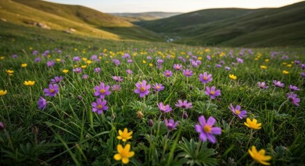 Obraz premium A carpet of wildflowers in a grassy valley. Sunlight bathes the scene