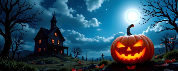 Fototapeta premium Scary pumpkin and house at top, with a fantastic sky blue background under sunbeam, ample copy space at bottom for Halloween poster, clear subject positioning for photo use.