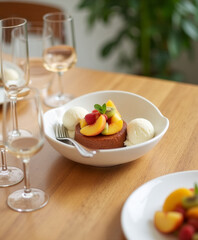 Elegant Dessert Presentation with Fruit and Vanilla Ice Cream