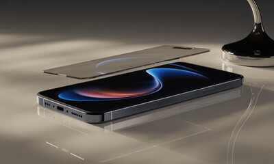 Smartphone with protective screen protector, studio shot
