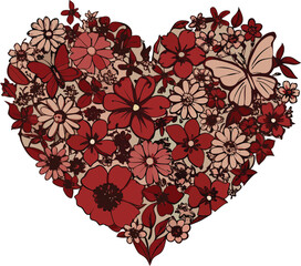 Heart shaped floral arrangement with butterfly illustration
