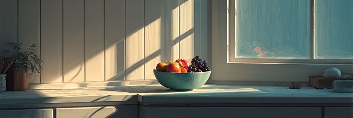 Sunlight streams into a kitchen, illuminating a teal bowl of fruit on a windowsill.  A small plant sits in a terracotta pot beside it.  Soft shadows play across pale wood paneling