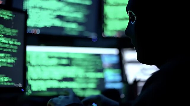 Silhouette of a person focused on multiple computer screens displaying lines of green code in a dark room
