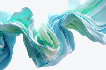 Fluid, flowing fabric in pastel blue and green hues, dynamic curves against white background