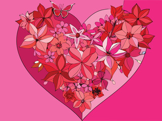 Pink heart shape filled with delicate red and pink flowers