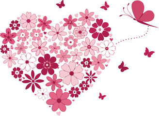 Heart shaped floral design with butterflies in various shades of pink