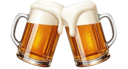 Two frothy beer mugs clinking isolated on a transparent background beverage