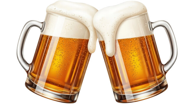 Two frothy beer mugs clinking isolated on a transparent background beverage