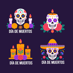 Day of the Dead icons, four square compositions, skull portraits, candles, sombrero, deep purple background, celebration vector set