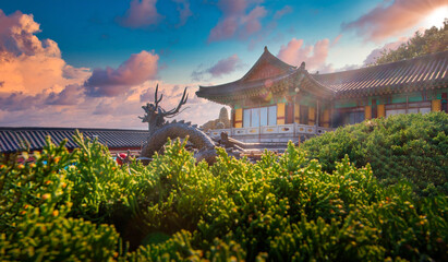 Haedong Yonggungsa Temple at sunset in Busan, South Korea.