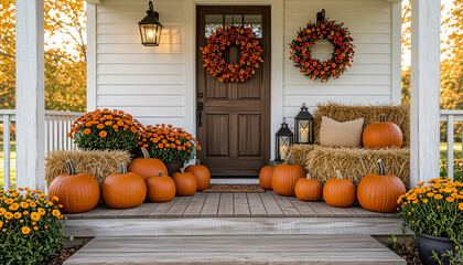 Rustic autumn porch decorated with pumpkins and fall wreaths against a cozy home backdrop