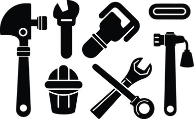 Obraz premium Plumbing tool vector icons set pipe wrench faucet plunger eps scalable illustration