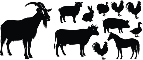 Farm animal silhouettes vector illustration featuring goat, sheep, rabbit, turkey, rooster, pig, duck, cow, horse, poultry, livestock design