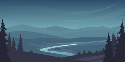 Serene mountain landscape with winding river at dusk