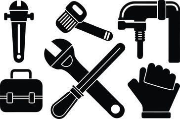 Plumbing tools vector icons pipe wrench faucet plunger set scalable eps illustration